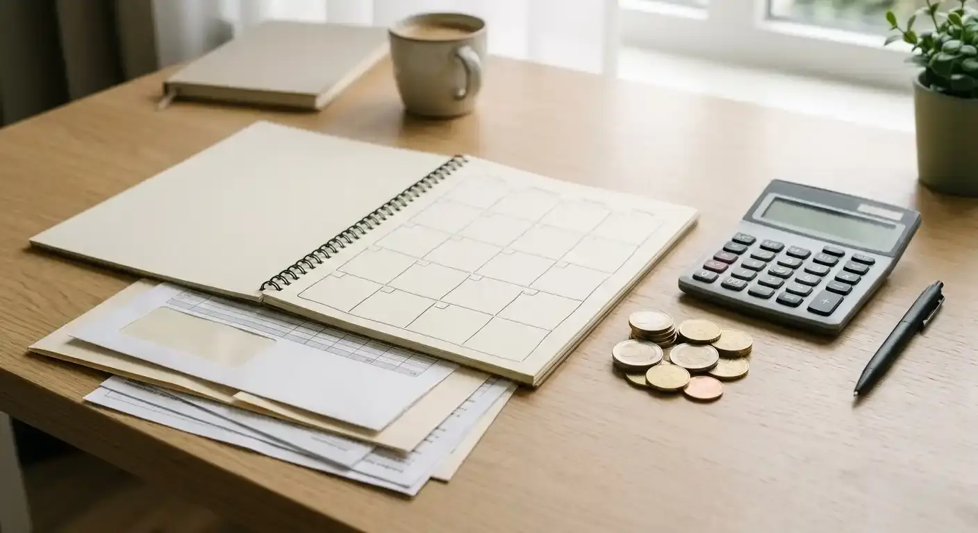 Conceptuele illustratie van een kalender, rekenmachine en belastingadministratie voor online kansspelen