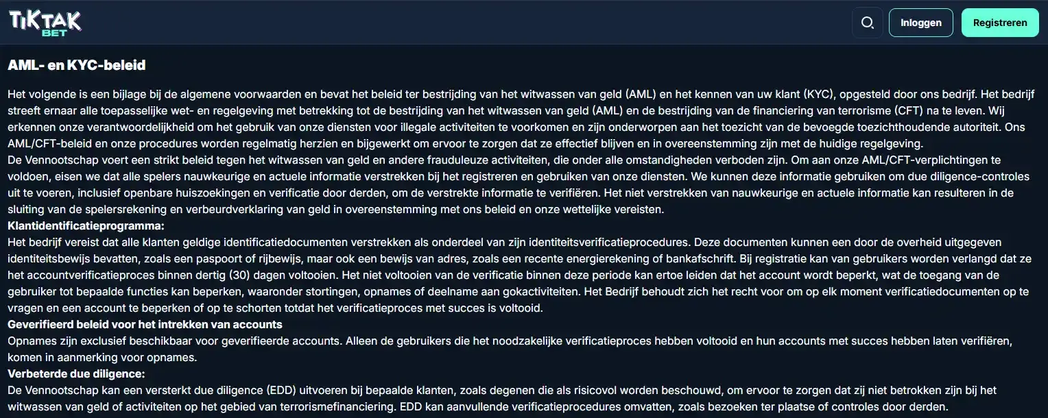 TikTakBet AML/KYC-beleidspagina met verificatie-instructies