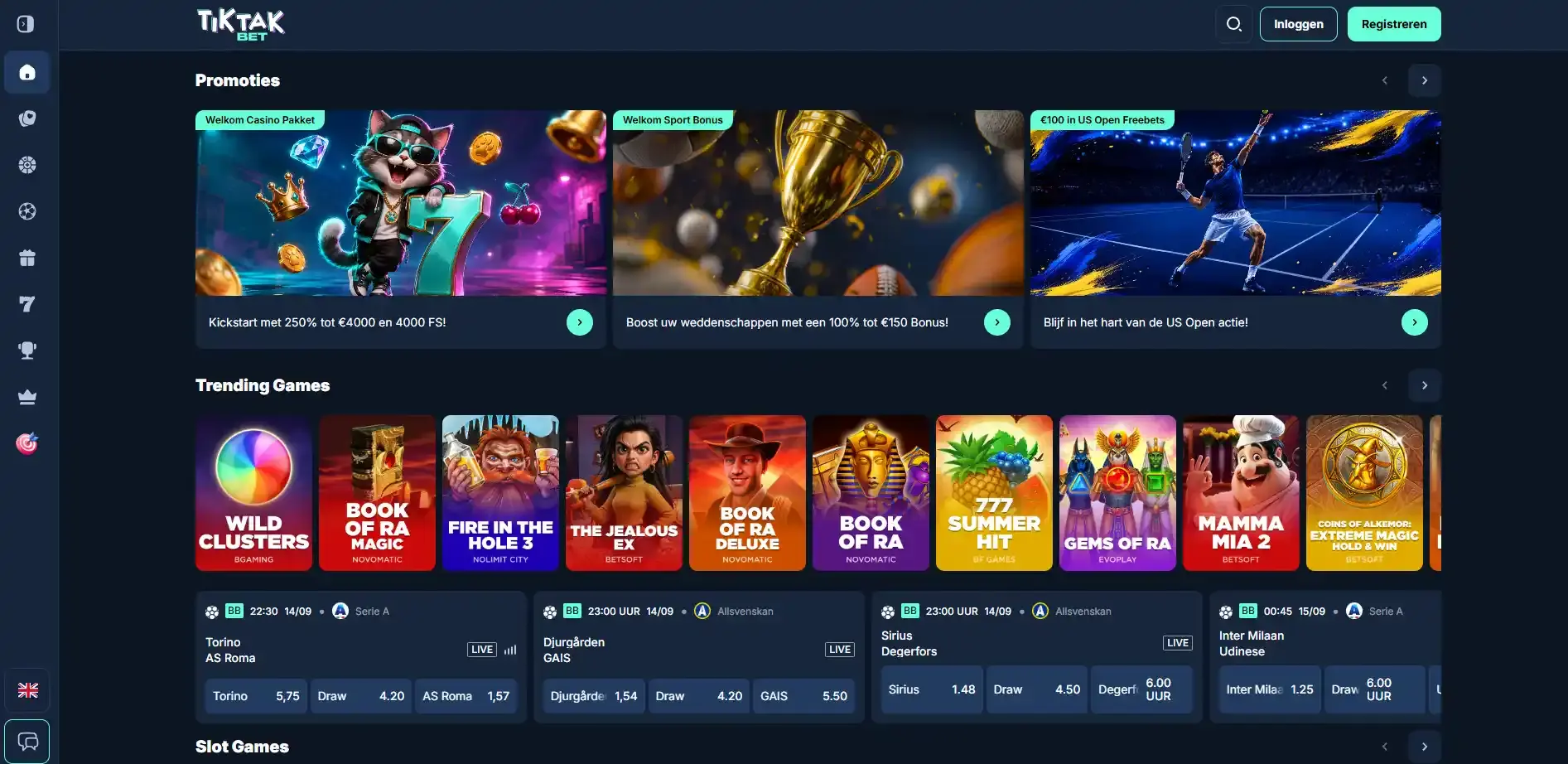 TikTakBet casino-interface met merkheader en casinonavigatie