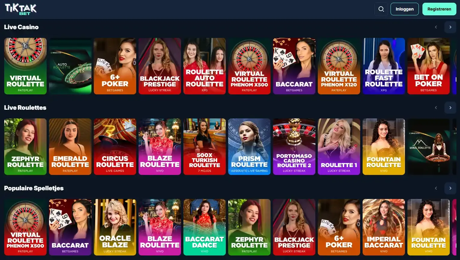 TikTakBet live-casinolobby met tafelcategorieën en filters