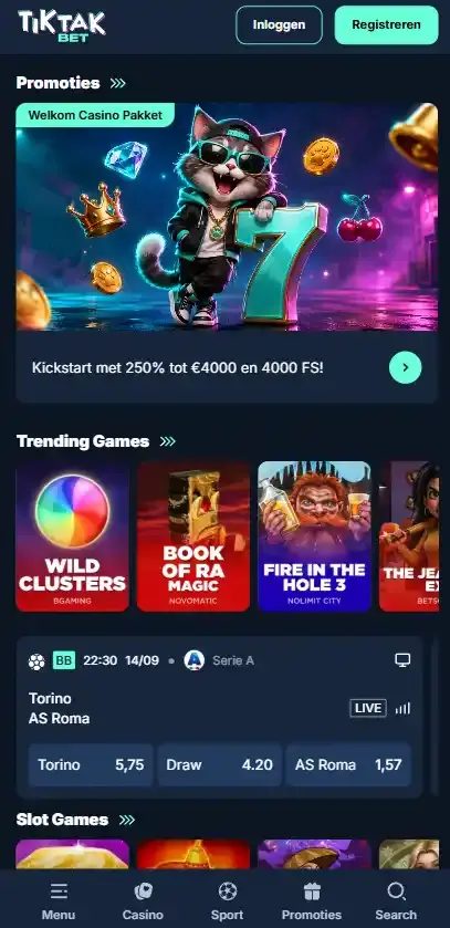 TikTakBet mobiele website-interface op een klein scherm