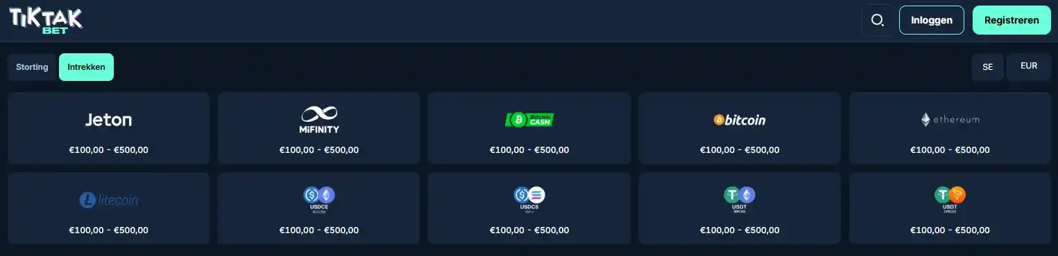 TikTakBet opnamepagina met opname-interface en limietinformatie