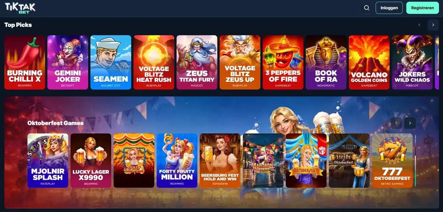 TikTakBet spellobby met categorieën en providerfilter