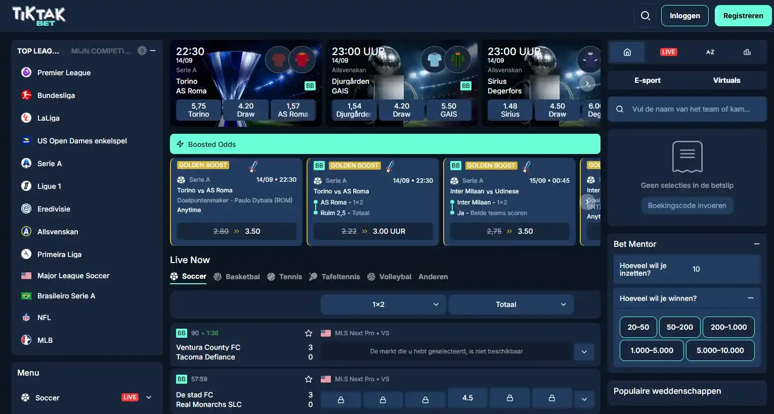 TikTakBet sportsbook-interface met sportnavigatie en betslip